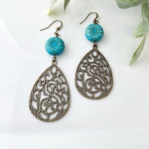 New Hammered Antique Brass Earrings with a Vintage Blue Bead, Handmade‎